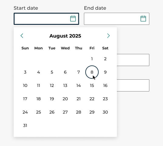 An image of a date picker inside a popover triggered by a date picker input within a form.