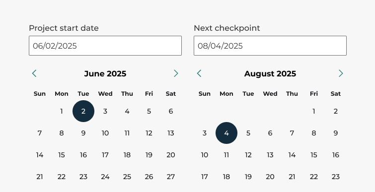 An image of two different date pickers placed horizontally next to one another. There is insufficient visual distinction between the two, and a user may not realize that they are separate from one another.