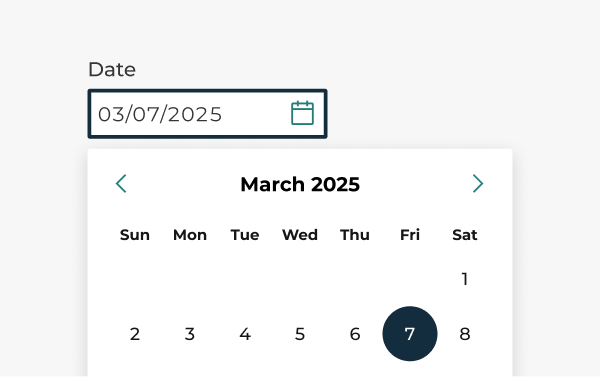An image of a focused date picker input with an open date picker popover showing the month of March 2025.