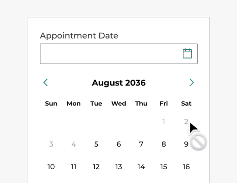 An image of a date picker with a min date set. A cursor is hovering a disabled date button, which has changed to reflect the disabled status.