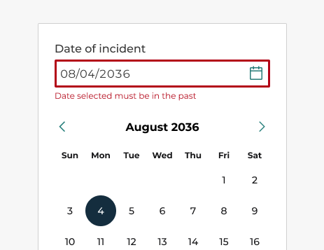 An image of a date picker with an invalid date selection showing an error state.