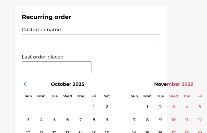 An image of a date picker with two visible calendars inside a container. The second container does not fit and overlaps the boundary of the container. This overlap is highlighted in red.