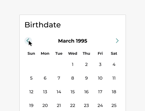 An image of a date picker without an input to type a date. The user has navigated to March 1995 by repeatedly clicking the previous month navigation button, which is a bad user experience.